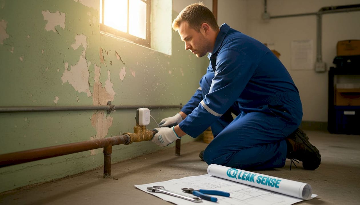 Technician installs leak sensor and shutoff valve