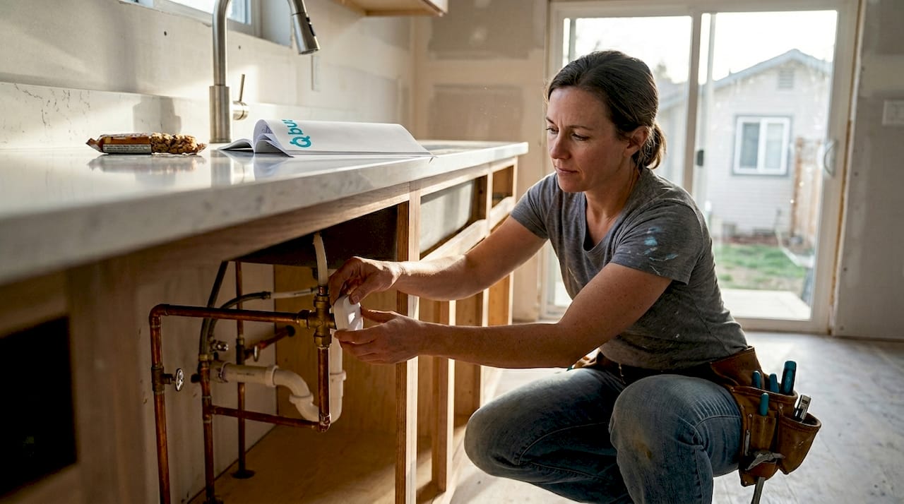 Plumber installing leak detection device under sink
