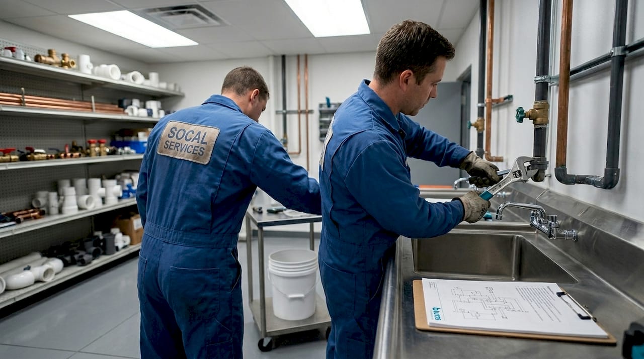 Technician performing routine plumbing pipe maintenance