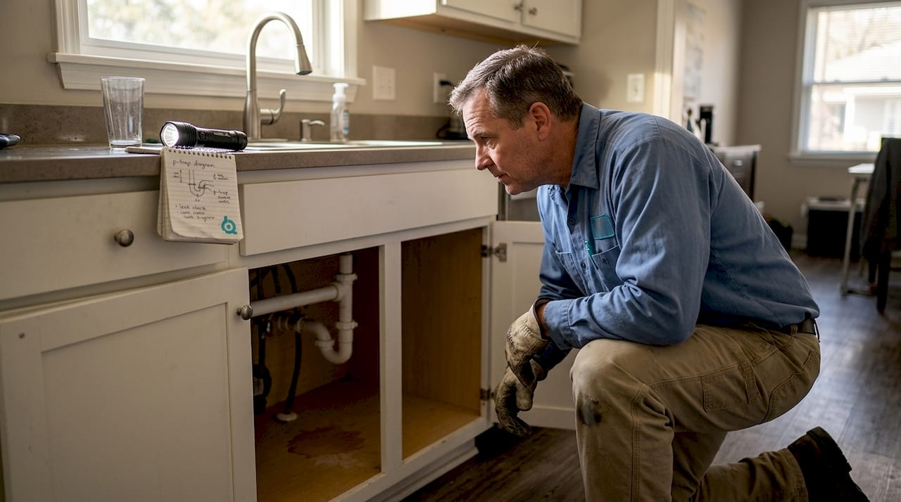 Maintenance worker inspecting kitchen pipes for leaks