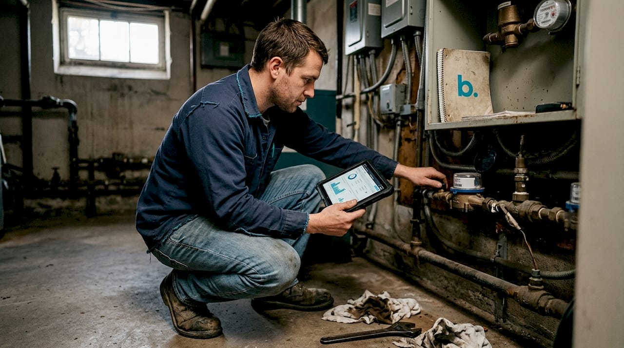 Technician checks smart meter for water leaks