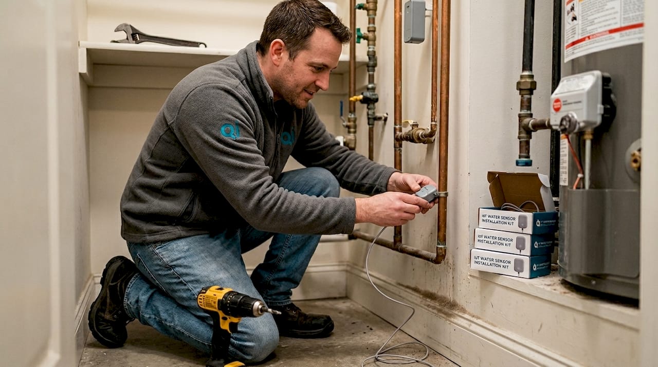 Technician installing IoT water sensor