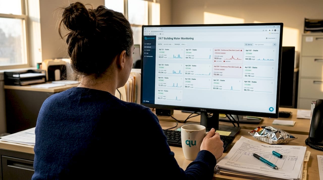 Property manager reviewing water monitoring dashboard