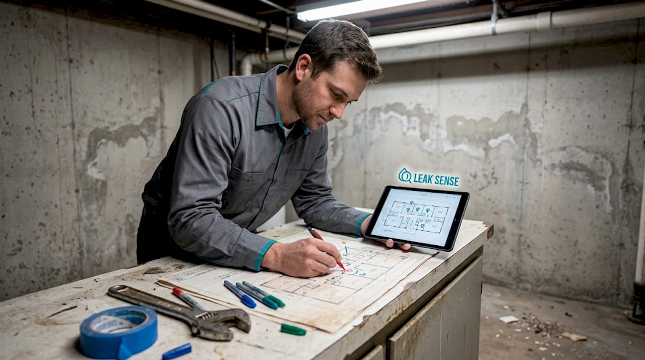 Technician planning sensor installation on basement map