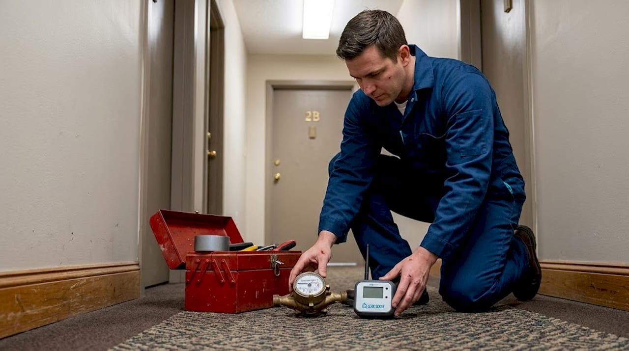 Worker comparing mechanical and smart water meters