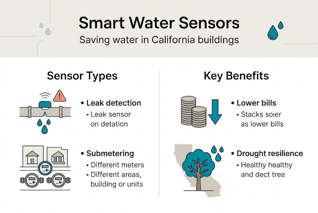 Infographic showing smart water sensor types and benefits