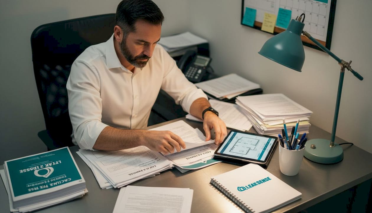 Manager sorting Title 24 compliance paperwork