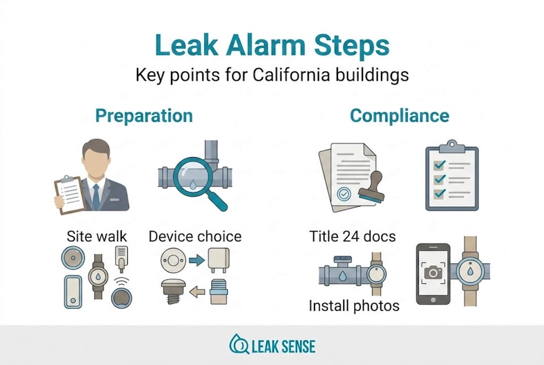 Infographic showing key leak alarm setup steps