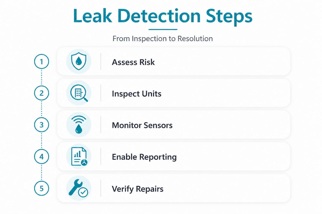 Infographic outlining step-by-step leak detection workflow