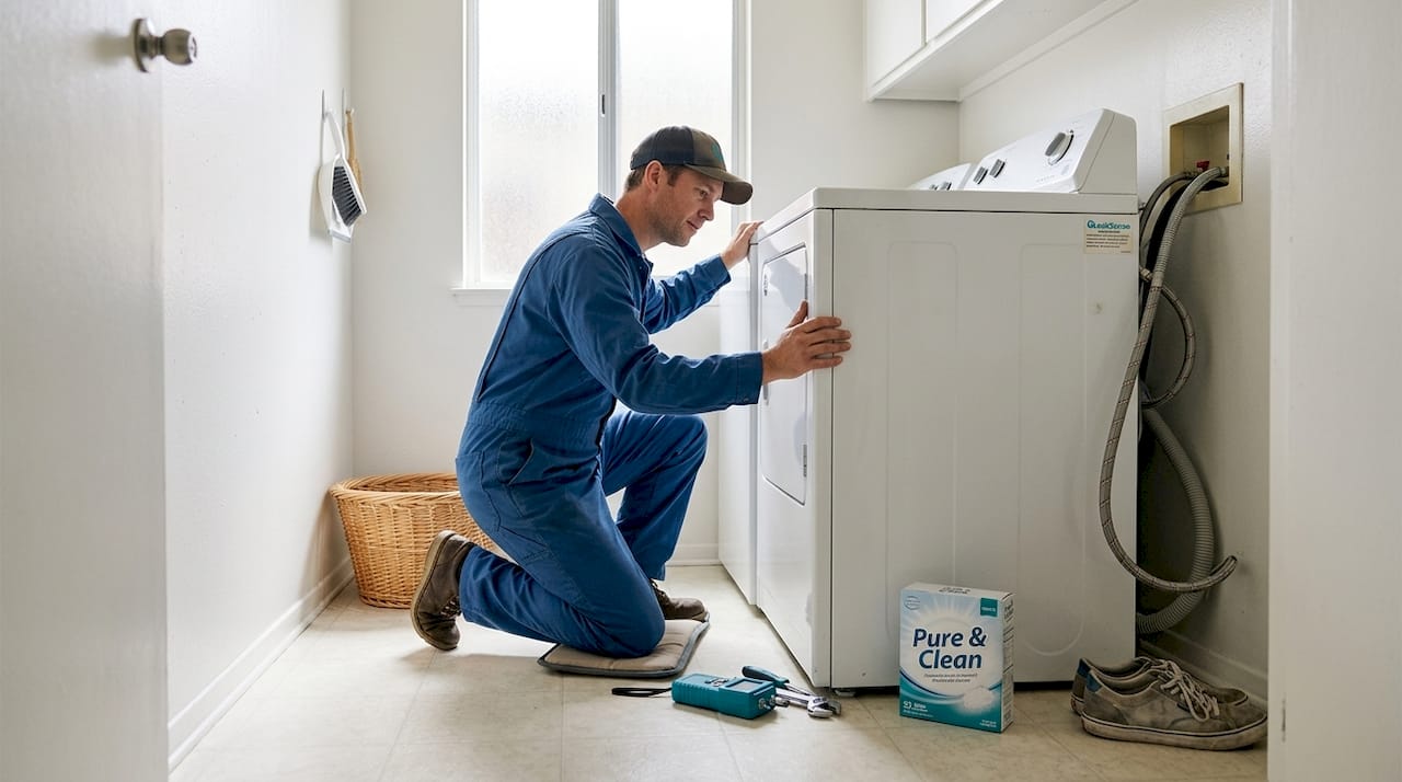 Technician inspecting hoses behind laundry in apartment
