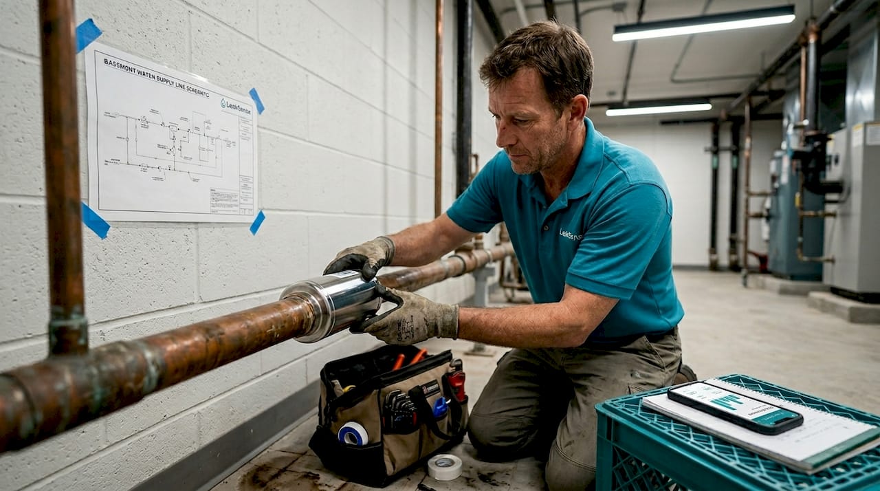 Technician installs flow sensor on aged pipes