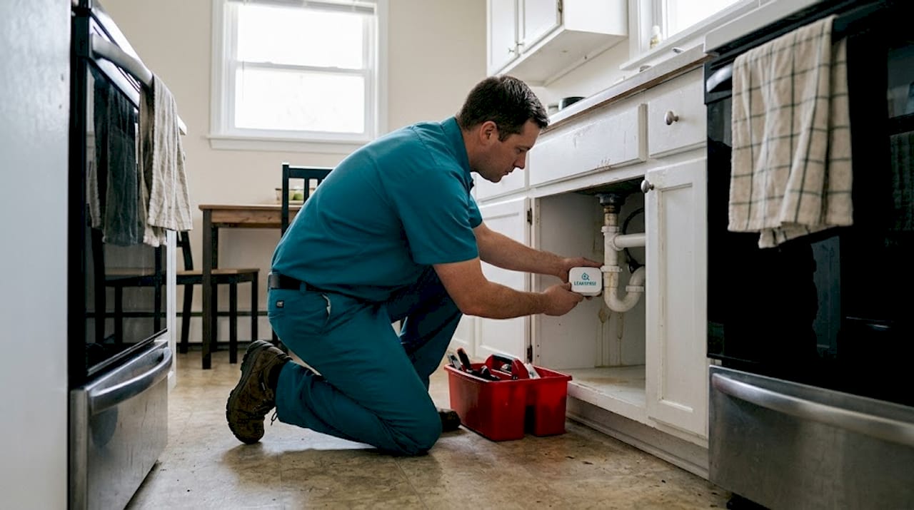 Maintenance worker installs leak sensor under sink