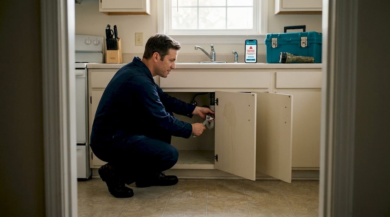 Maintenance worker repairs kitchen pipe leak