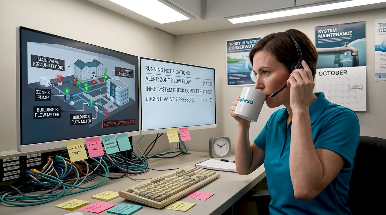 Engineer tracking plumbing sensor alerts at desk
