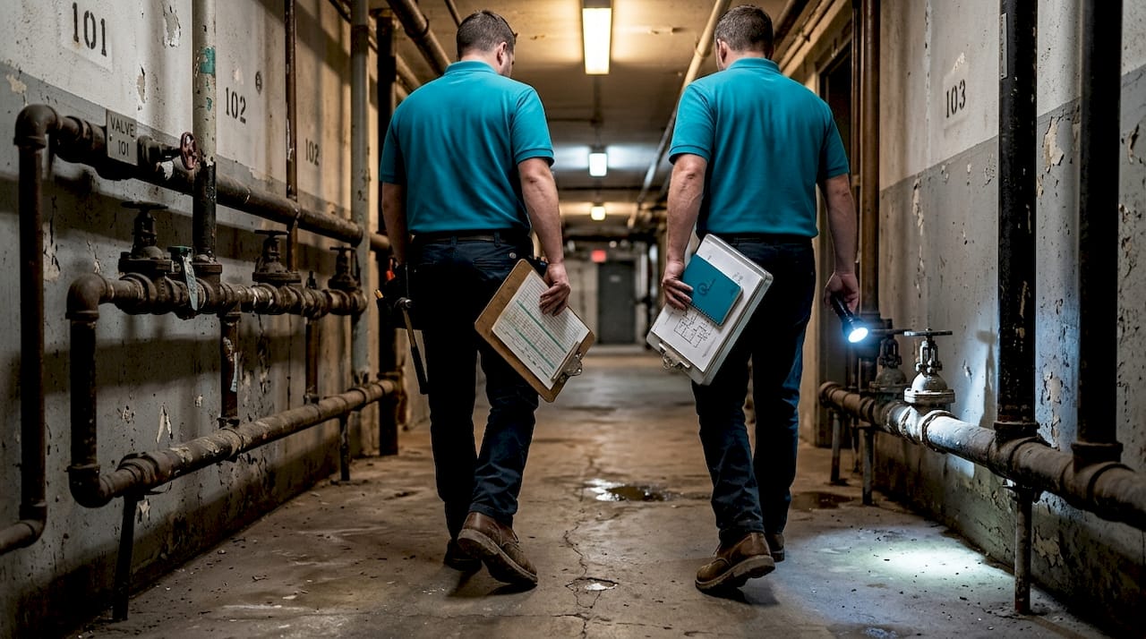 Technicians inspecting pipes during site walkthrough