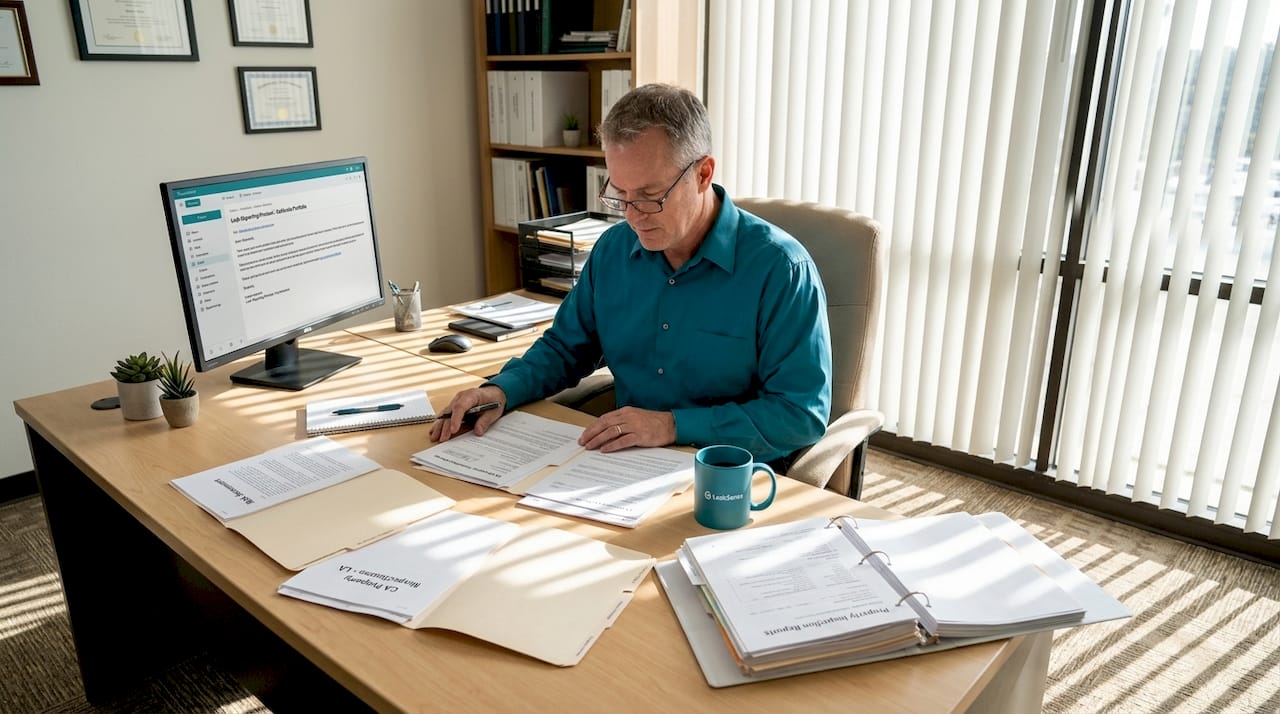 Man reviews insurance paperwork for leaks