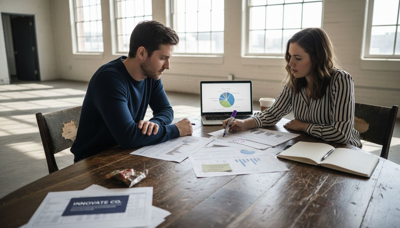 Entrepreneurs review funding charts together