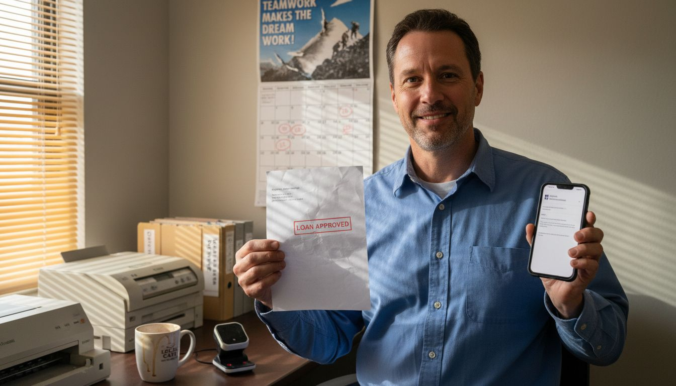 Manager holding approval letter, sunlit small office