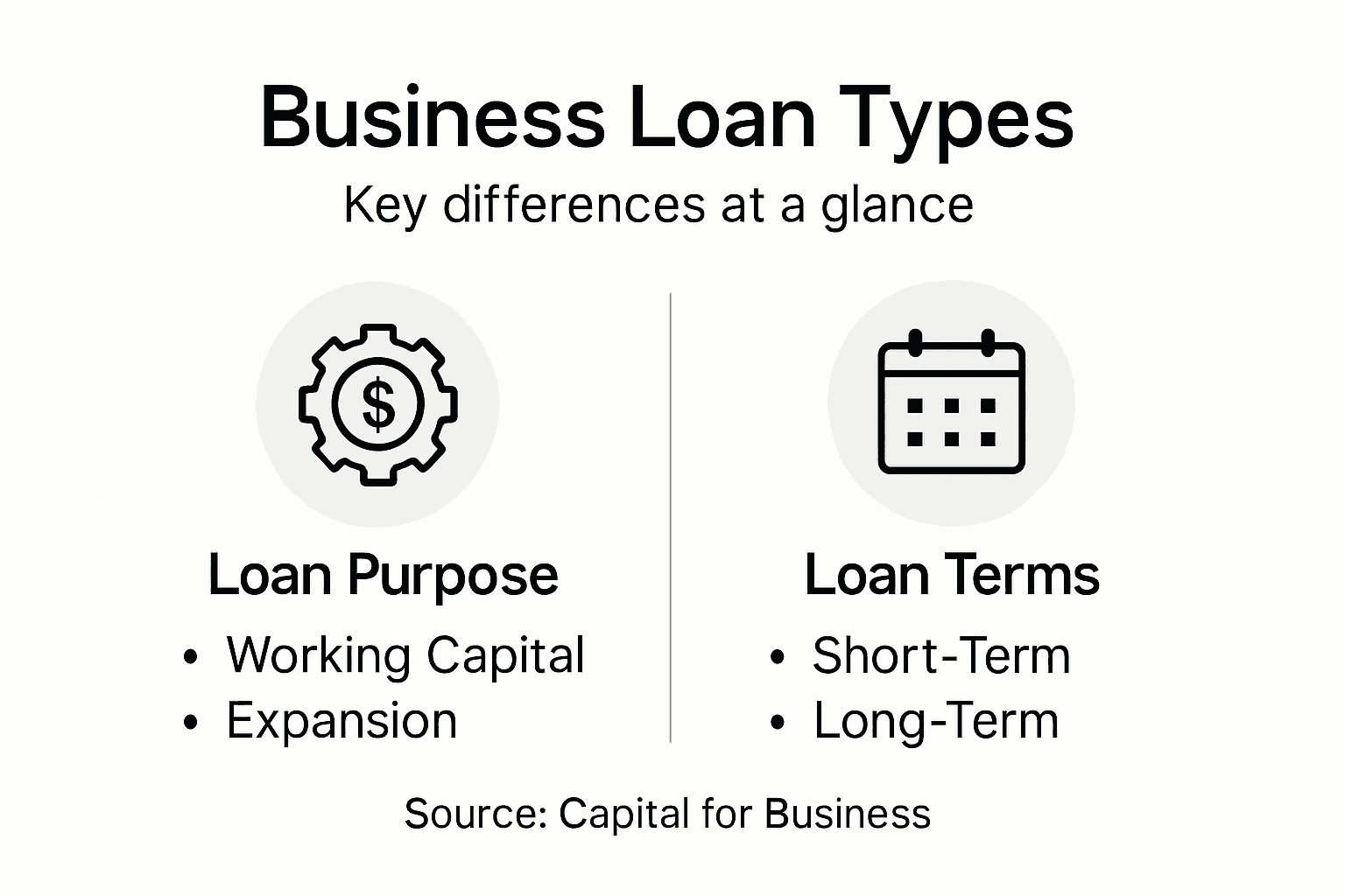 Infographic comparing business loan types and terms
