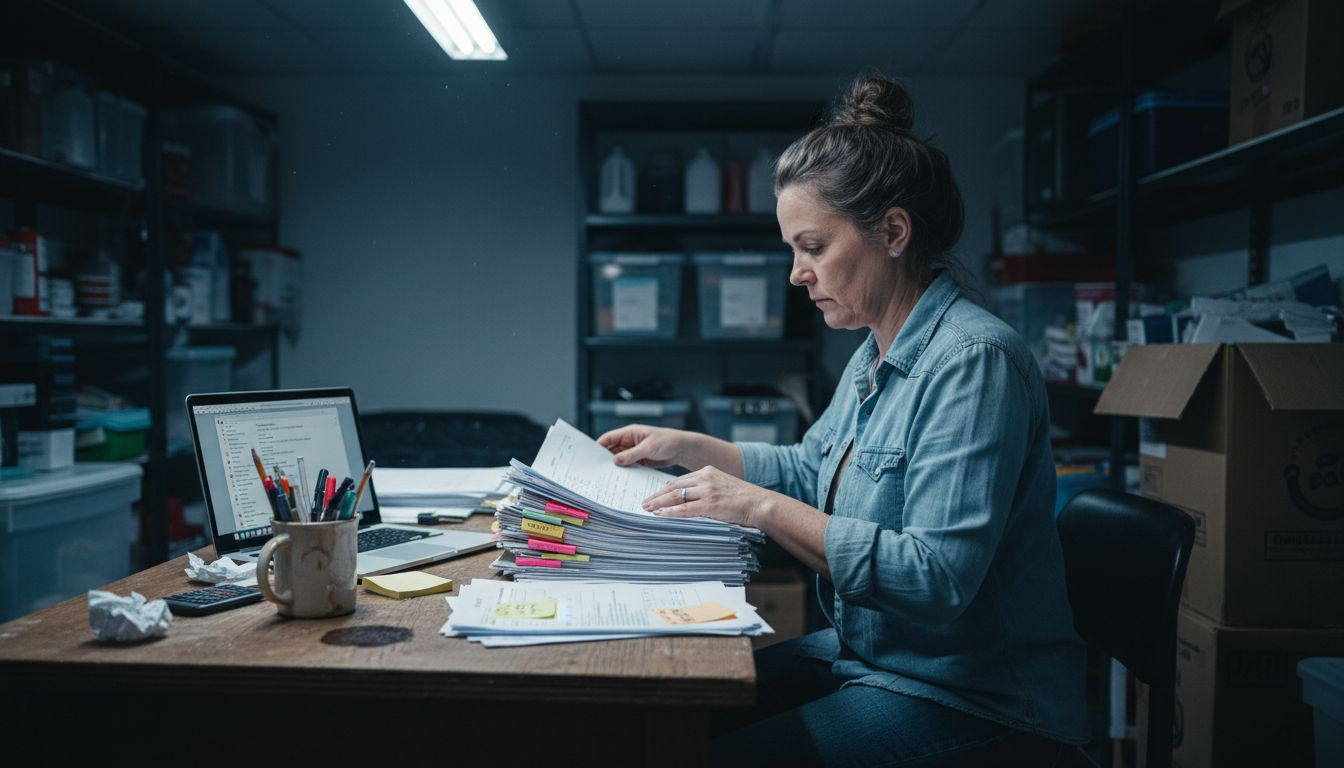 Owner organizing restaurant financial documents