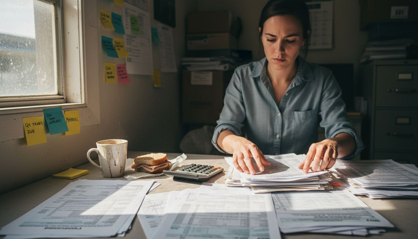 Entrepreneur organizing business documents on cluttered table