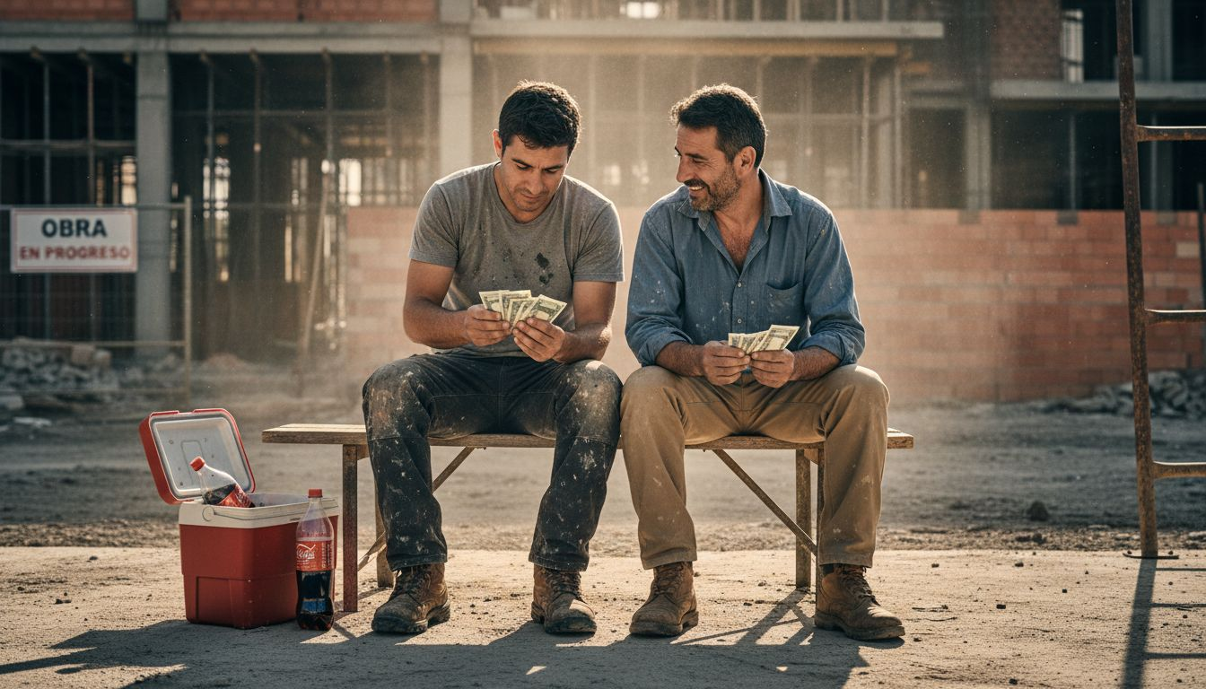 Trabajadores revisando el dinero que les pagaron fuera del lugar de trabajo.