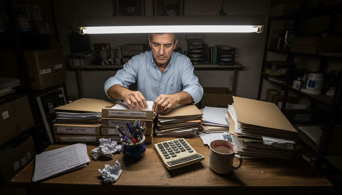 Empresario reuniendo y ordenando la documentación financiera necesaria para solicitar un préstamo.