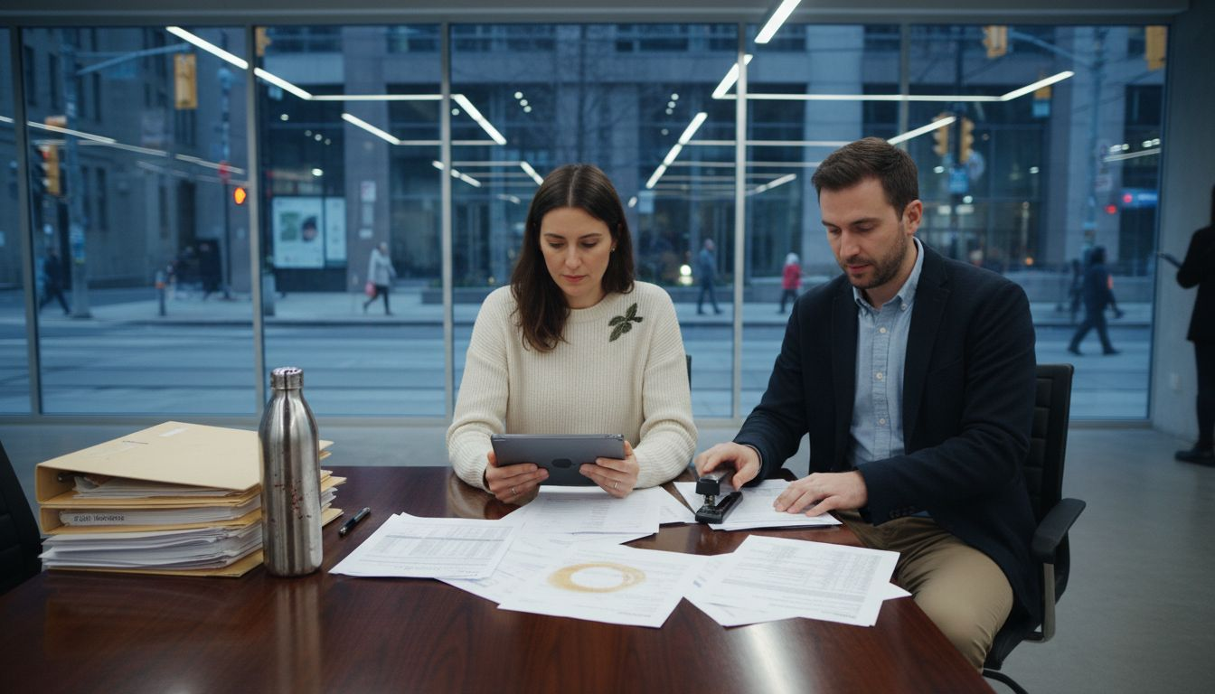 Colleagues sorting financial statements at desk