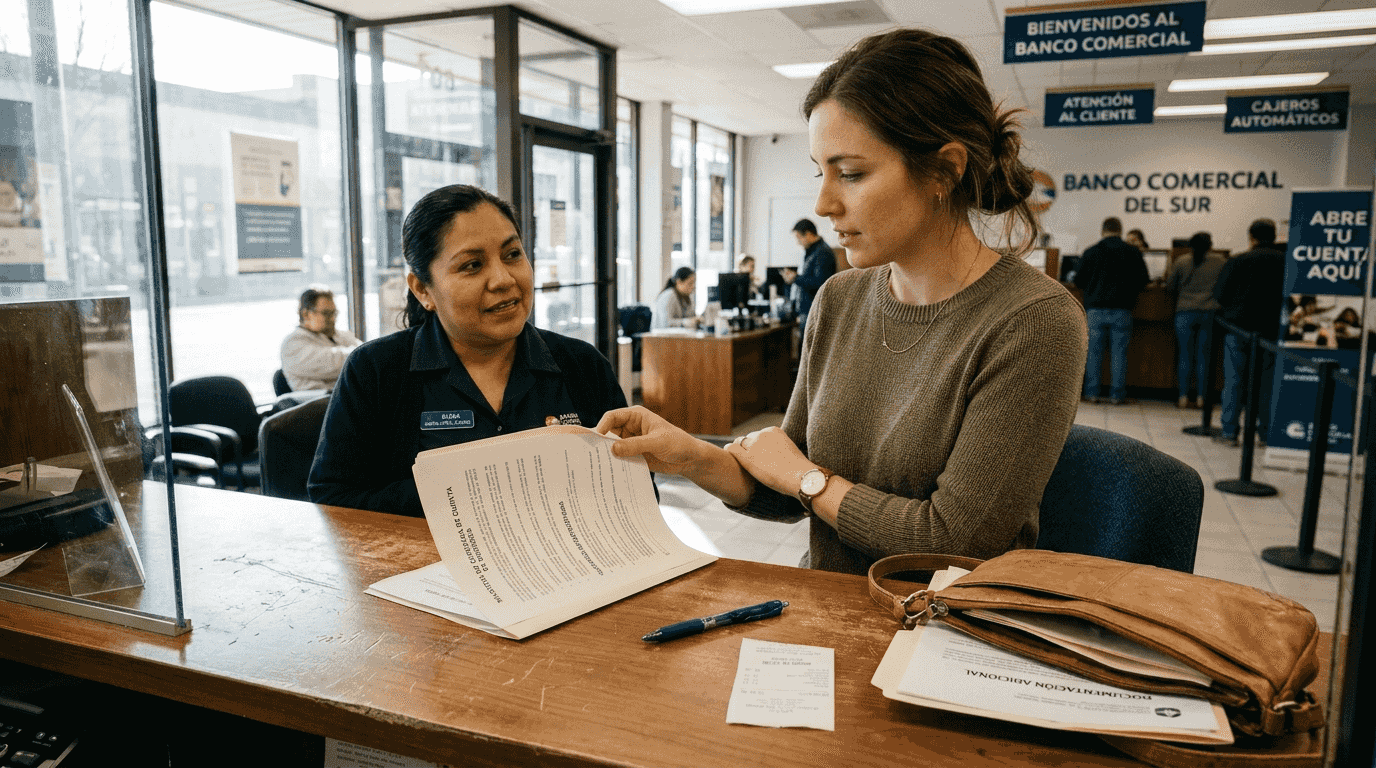Empresario acudiendo a la sucursal bancaria para abrir una cuenta a nombre de su negocio.