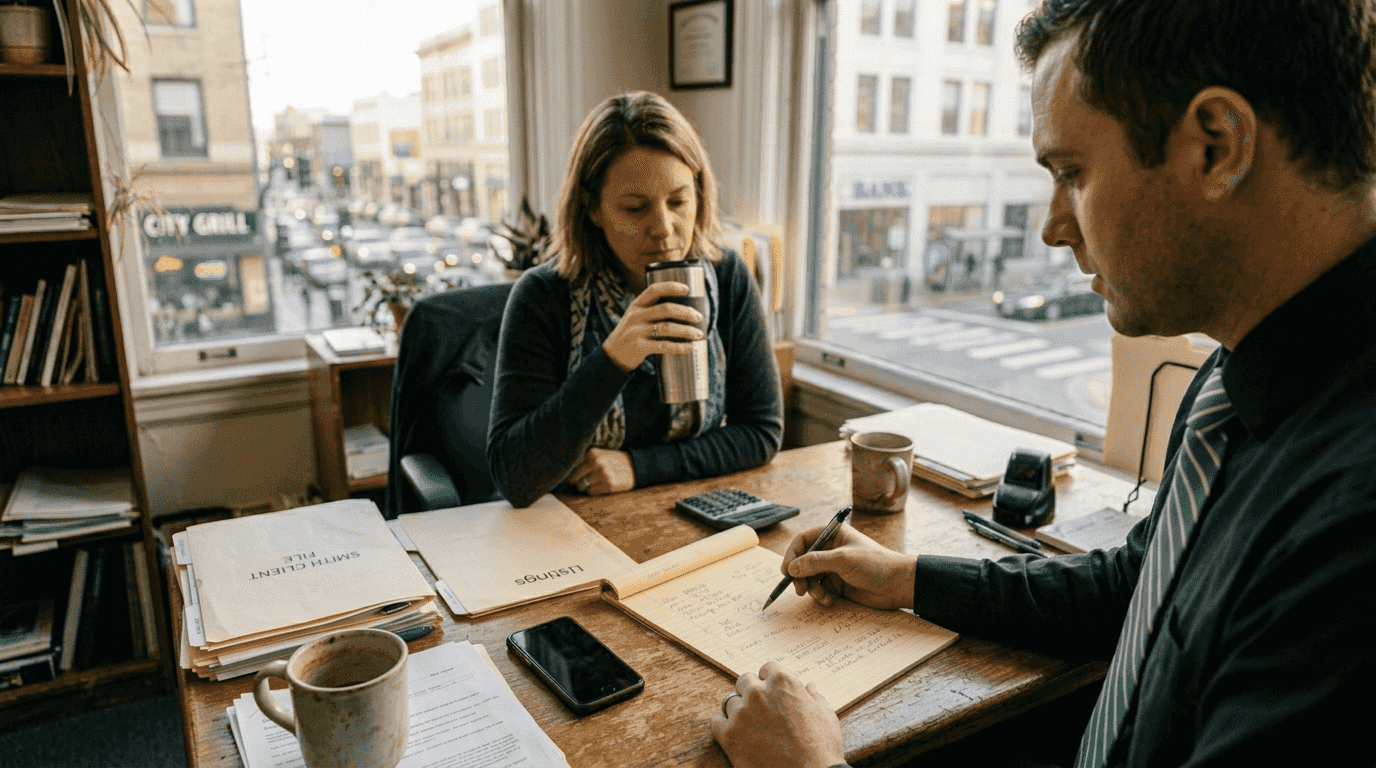 Consultant and client discuss private mortgage paperwork