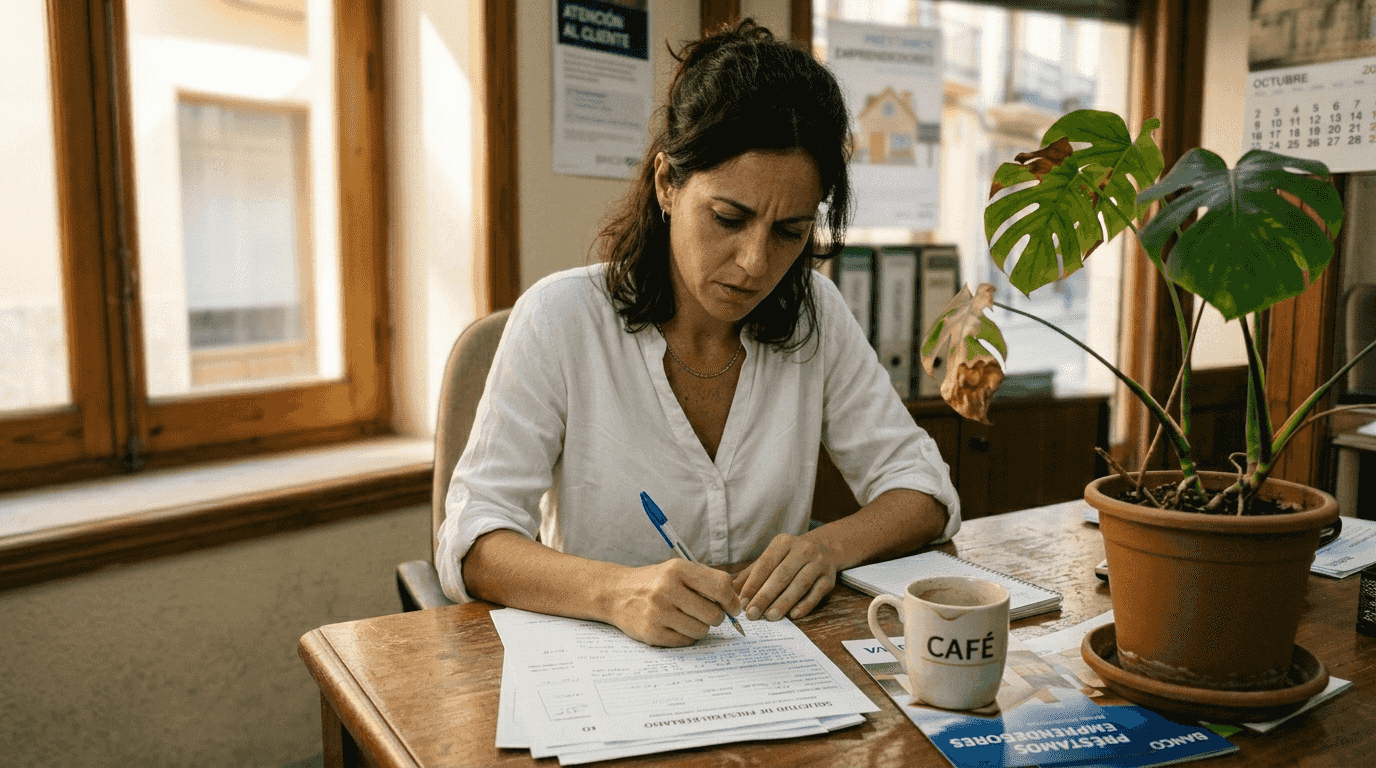 Una empresaria revisa y firma los documentos necesarios para solicitar un préstamo bancario en su oficina.