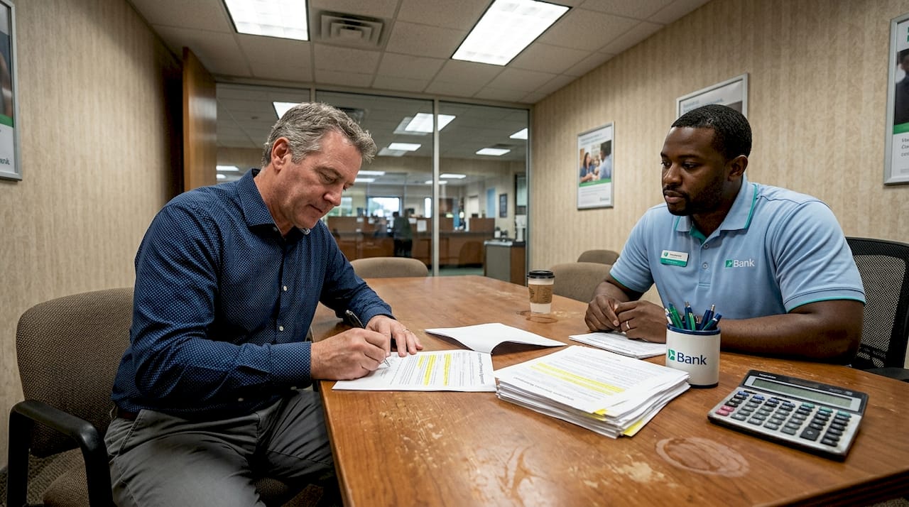 Small business owner signs financing papers