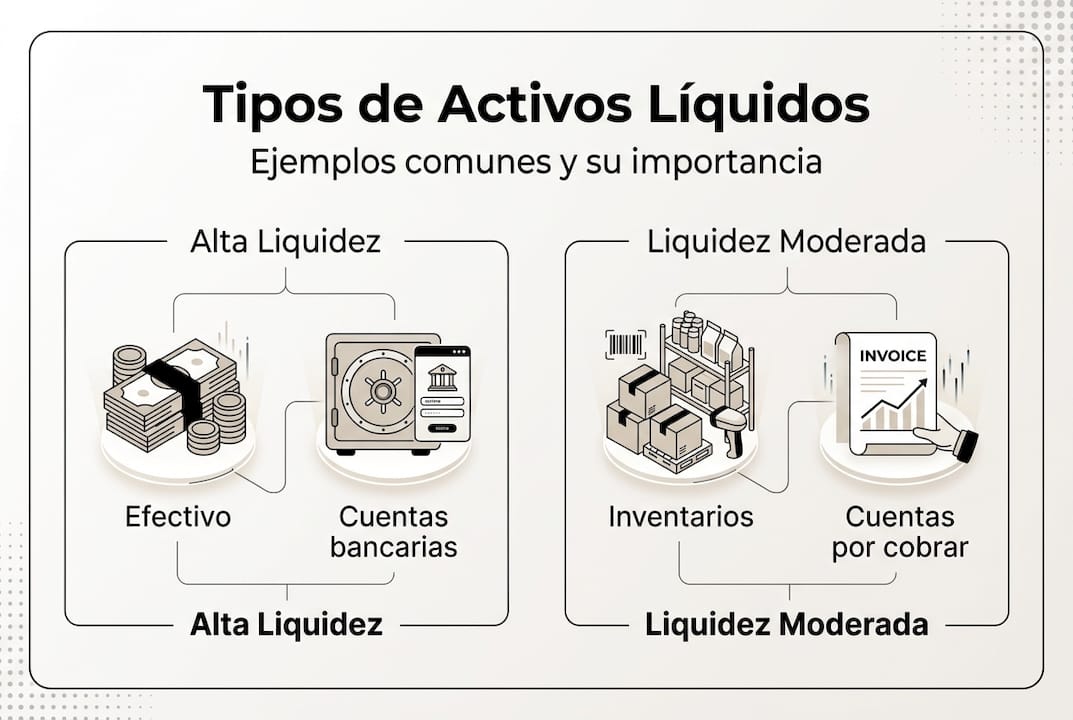 Infografía sobre los diferentes tipos de activos líquidos y su nivel de liquidez