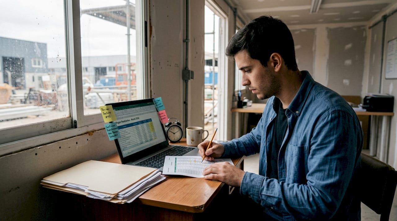 El encargado está revisando los pagos que aún quedan pendientes en la obra.