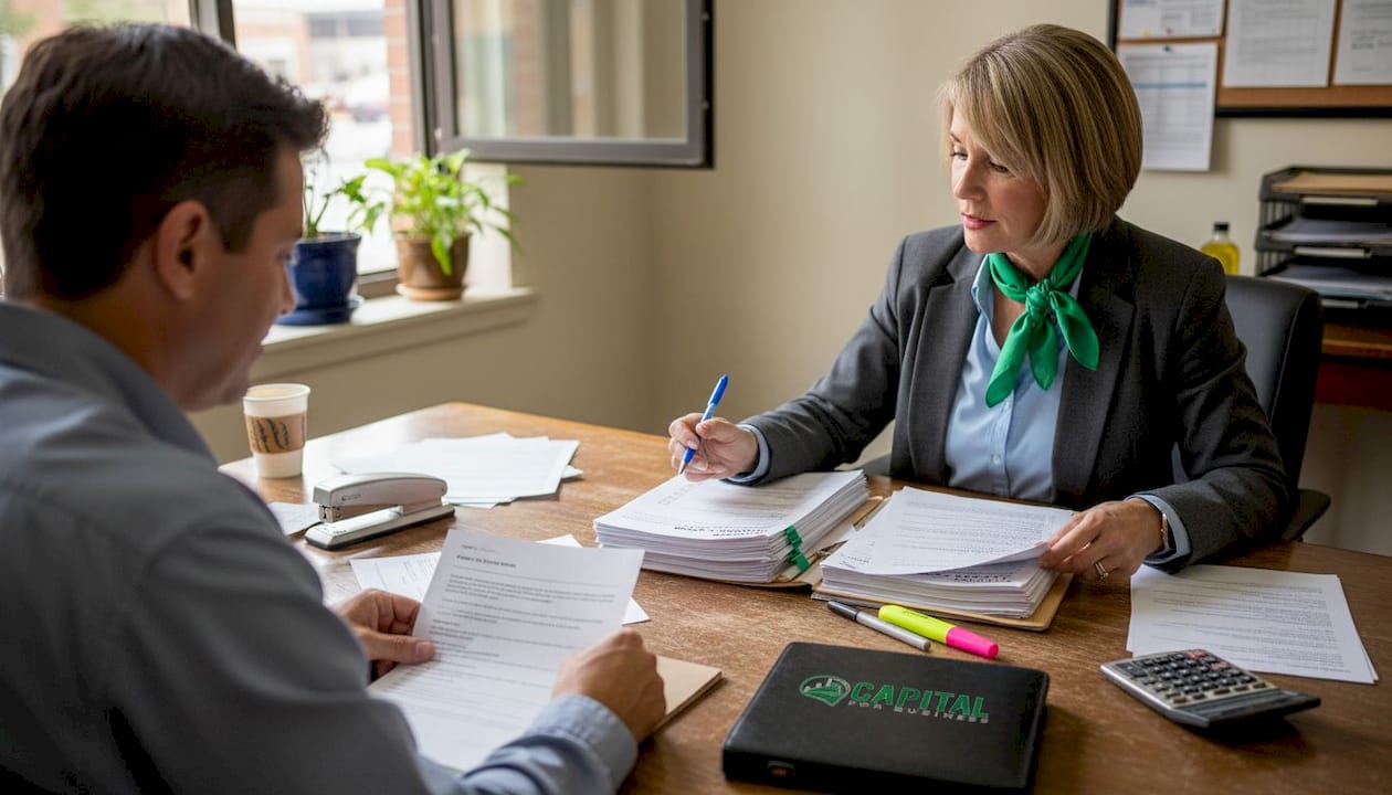 Loan officer and business owner reviewing SBA packet