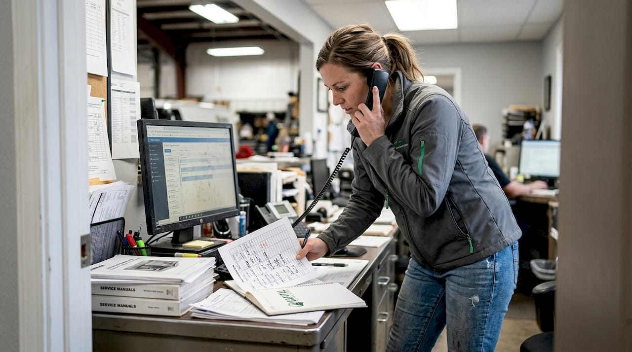 HVAC manager checking schedule and talking on phone