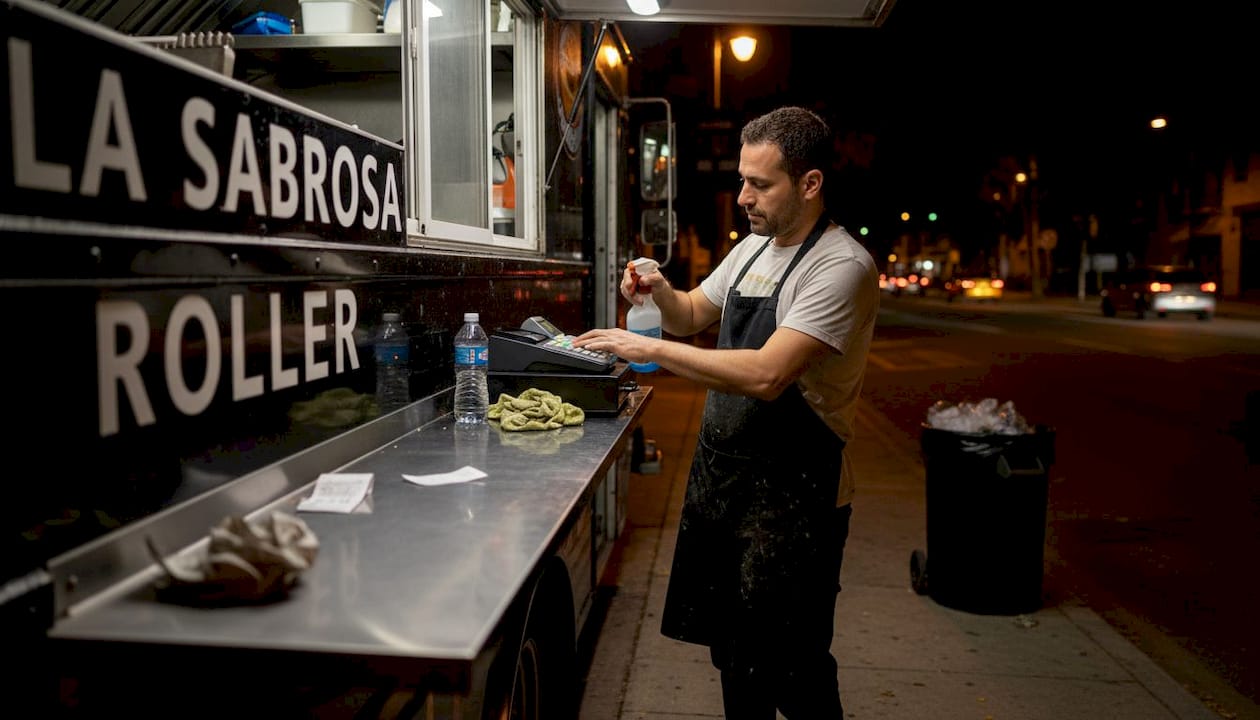 Dueño de food truck haciendo el cierre de caja al final del día