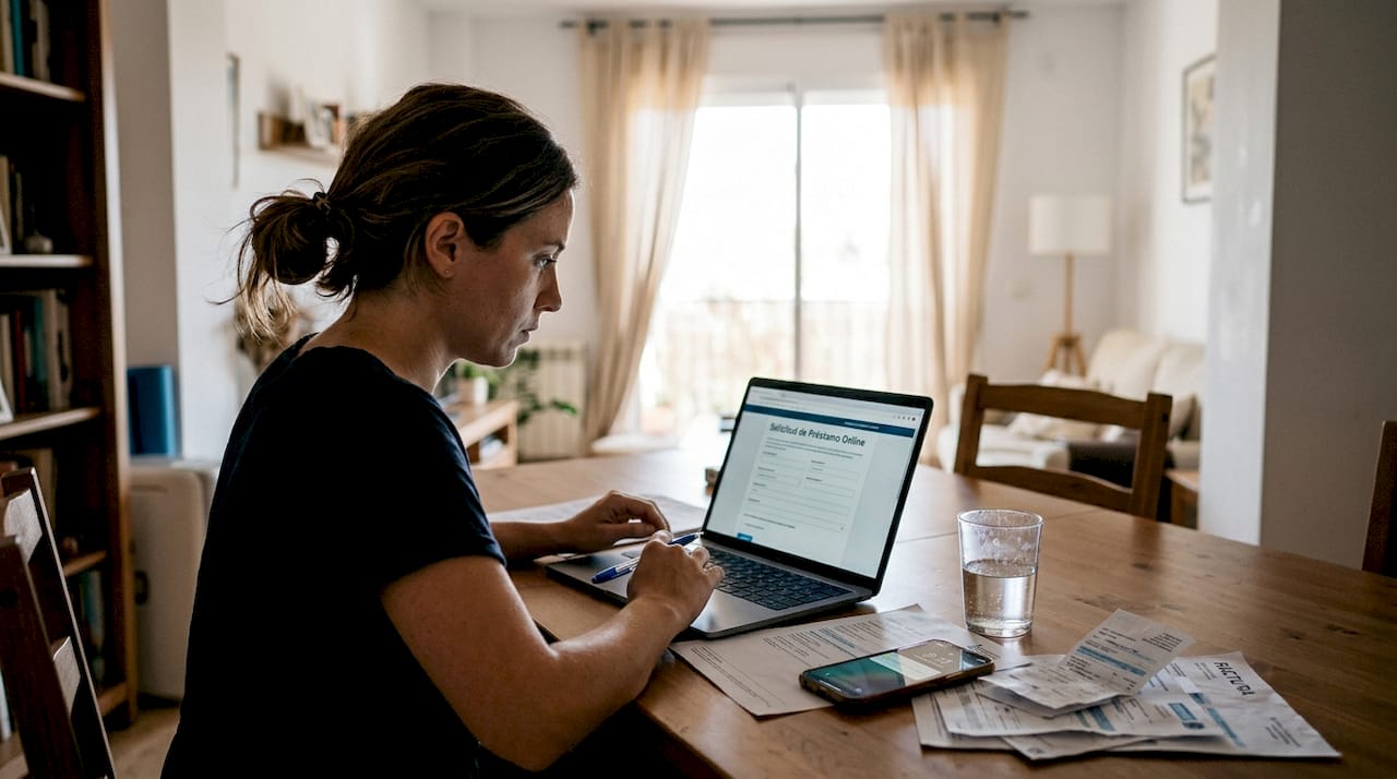 Una mujer solicita un préstamo rápido desde su portátil en casa.