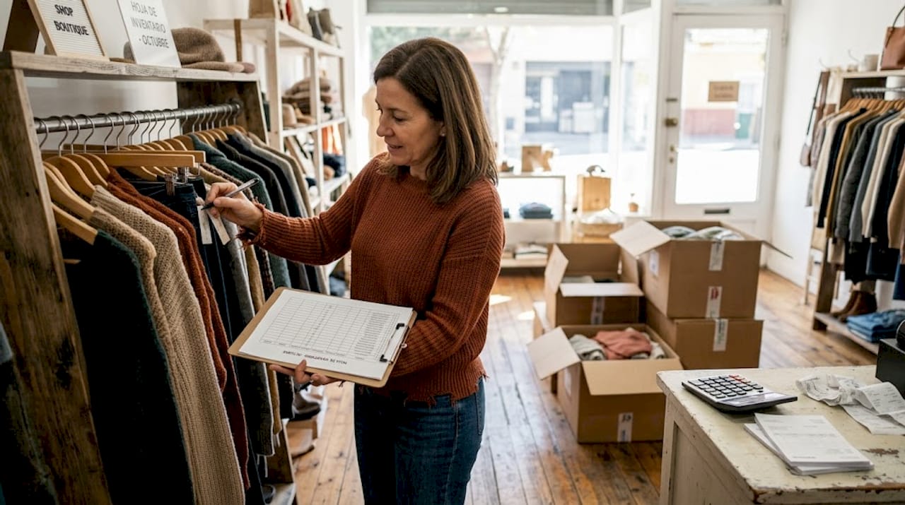 La encargada de la tienda revisa el stock en la boutique.