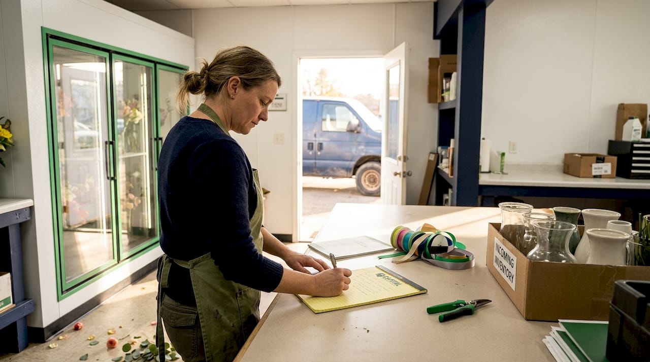 Florist lists equipment needs in shop prep area