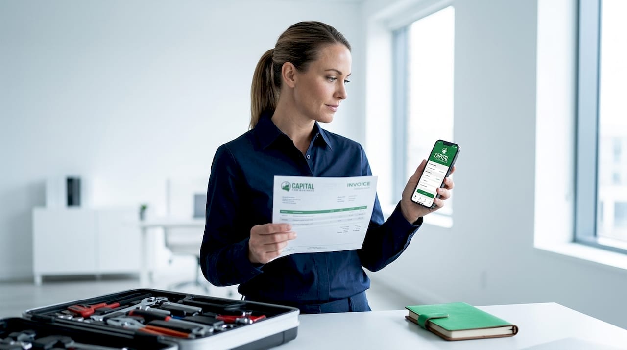 Plumbing contractor using smartphone with invoice