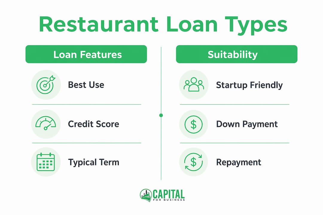 Infographic comparing restaurant loan types side by side