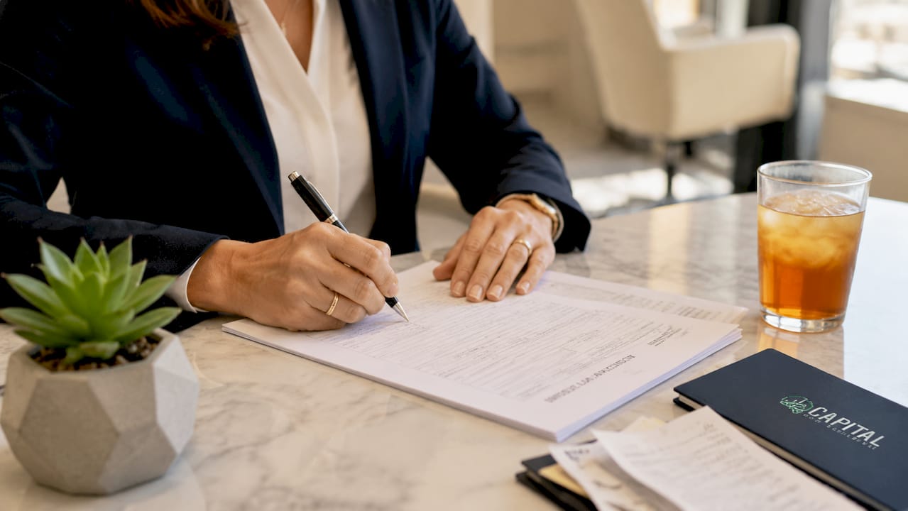 Entrepreneur signing bridge loan paperwork