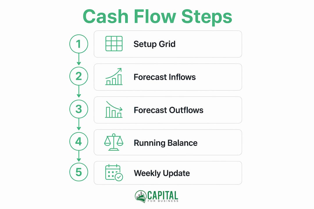 Infographic illustrating steps for cash flow management