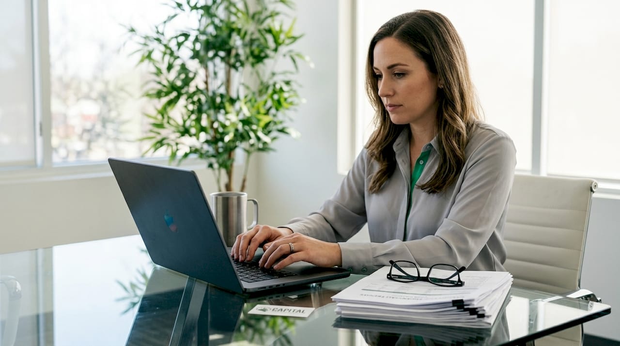 Hands typing on laptop with contractor reports