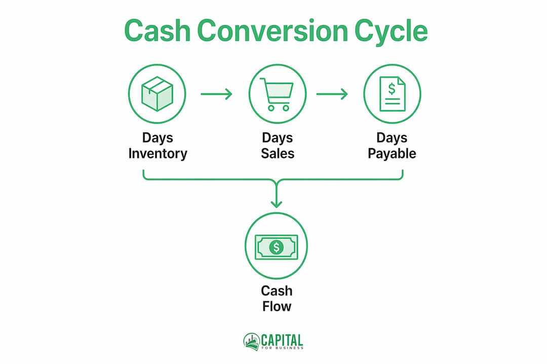 Infographic explaining cash conversion cycle steps in manufacturing