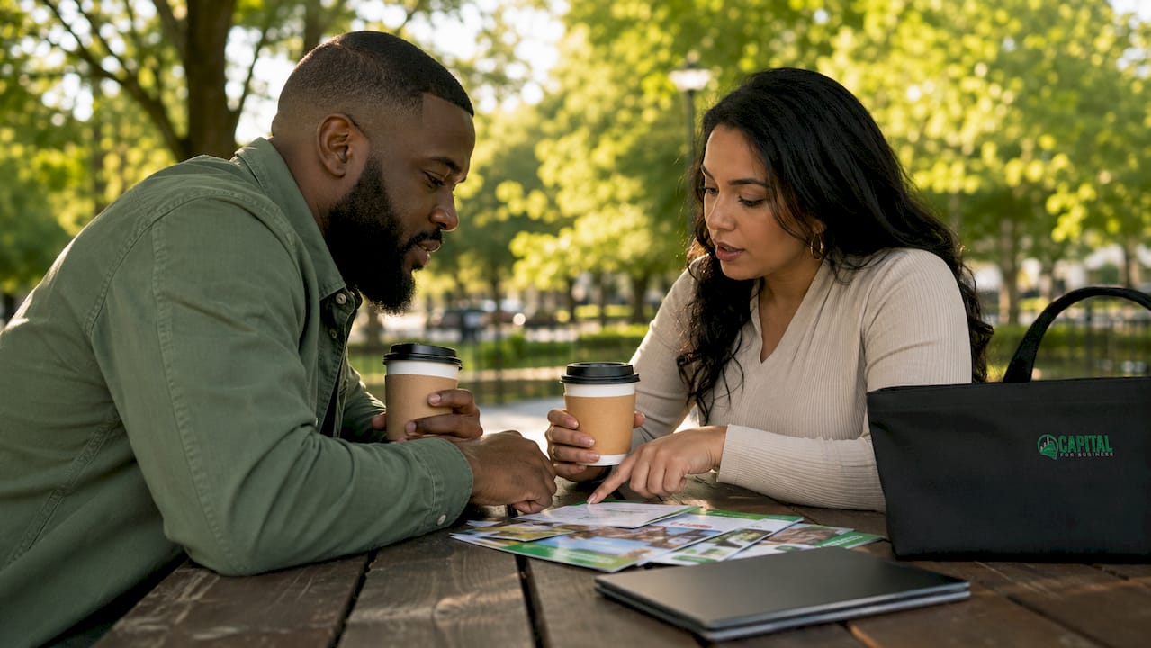 Small business owners discussing finance options at café table
