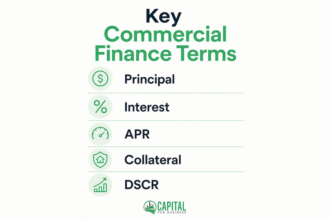 Infographic showing key commercial finance terms as vertical flow steps