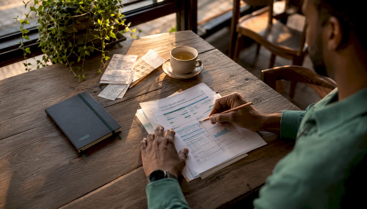 Hands reviewing credit report documents