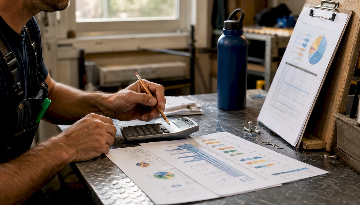 Hands calculating cash flow reports overhead
